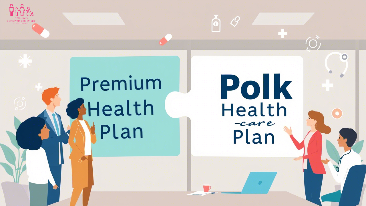 A healthcare advisor explains eligibility rules to a patient reviewing documents for the Polk Health Care Plan and a premium health insurance policy.