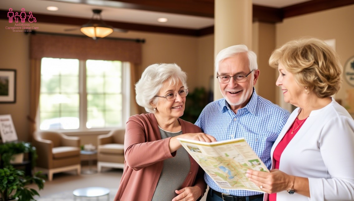 A caregiver walks with a senior resident through a sunny garden at a personal care home in Cobb County, Georgia, highlighting comfort and accessibility.