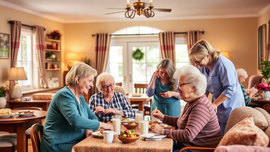 A caregiver assisting a senior in a personal care home, ensuring daily comfort, safety, and wellness
