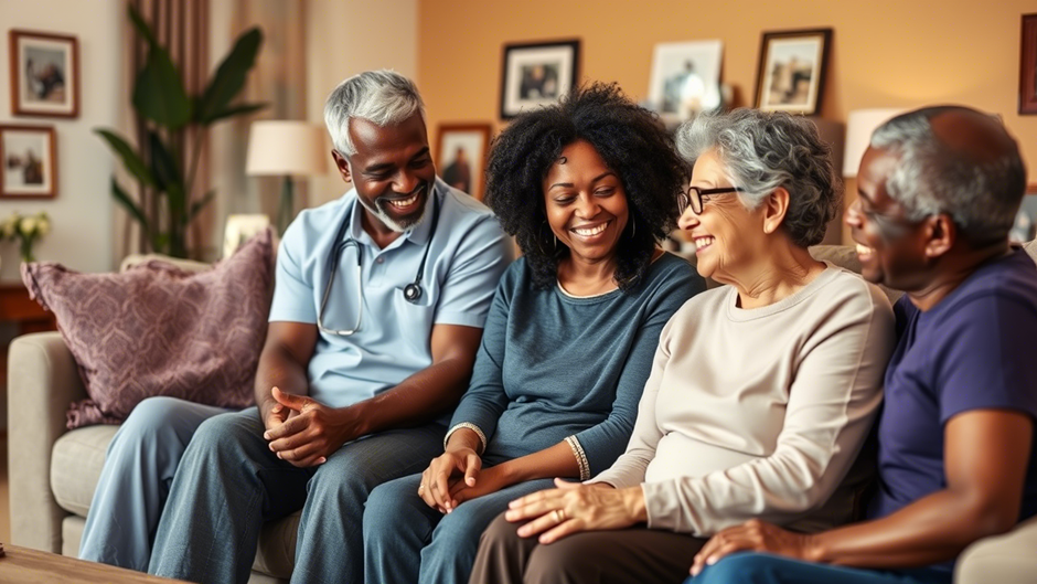 A compassionate caregiver assisting a senior at home, ensuring comfort, dignity, and personalized care tailored to their needs.