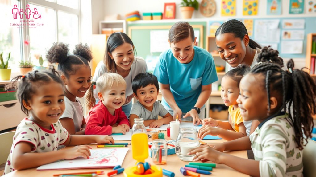 A caregiver leads a group of young children in a hands-on science activity at a premium child care center, emphasizing learning beyond traditional babysitting.
