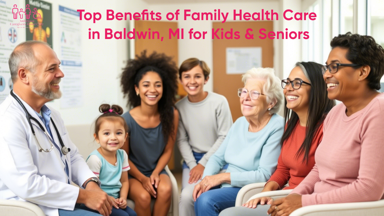 A nurse gently checks a child’s vitals while a senior patient smiles nearby at Family Health Care in Baldwin, MI—highlighting multigenerational care in a welcoming clinic.