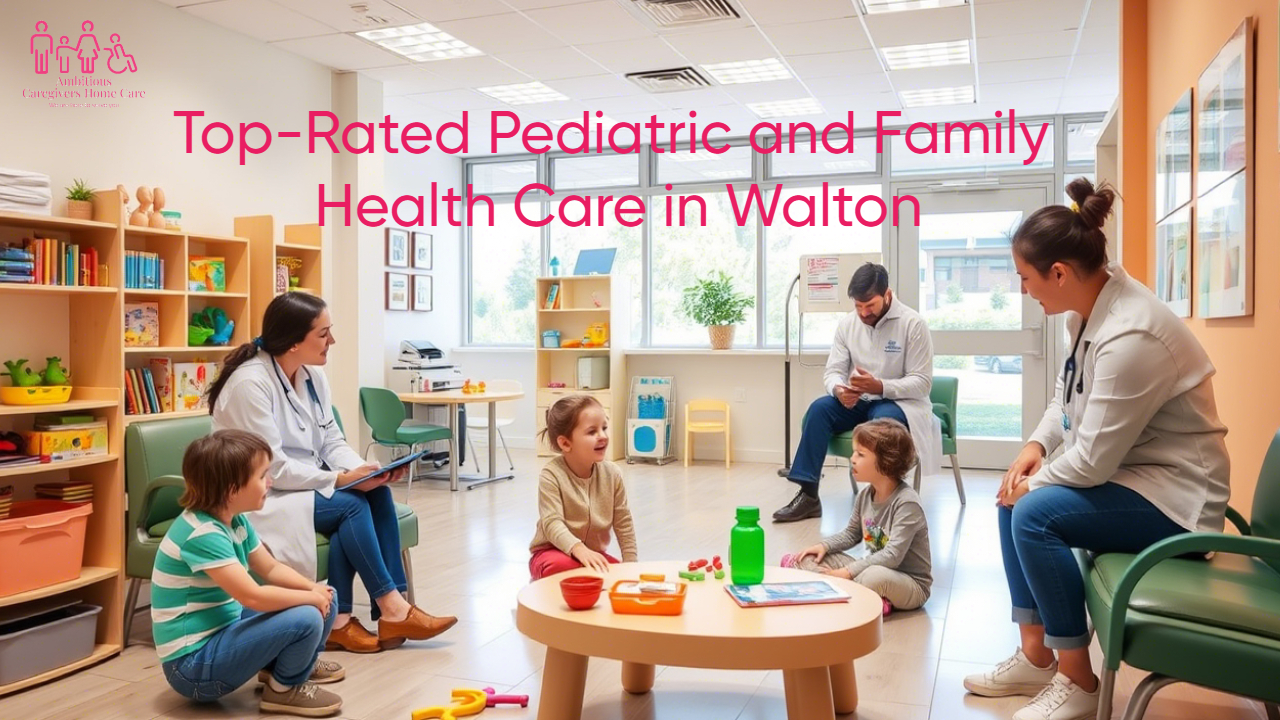 A smiling pediatrician checks a young child’s heartbeat while a senior patient chats with a nurse in the background at a family health care clinic in Walton.