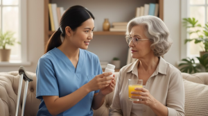 A friendly caregiver providing personal care services in Roswell GA, helping an elderly woman with daily activities at home.