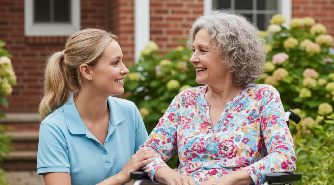 A gentle care taker in Roswell GA helping an elderly person at home, bringing comfort and calm through warm, supportive care.