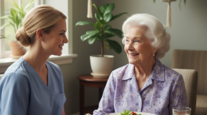 A friendly caregiver providing personal care services in Roswell GA, helping an elderly woman with daily activities at home.