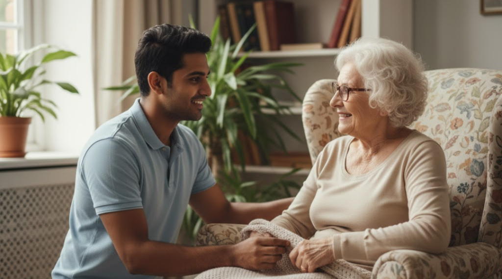 A kind caregiver gently assisting an elderly woman at home, symbolizing comfort, trust, and compassionate care in Georgia.